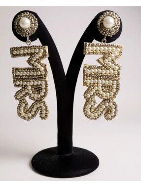 Pearl and Gold Tone 'MIR' Statement Drop Earrings